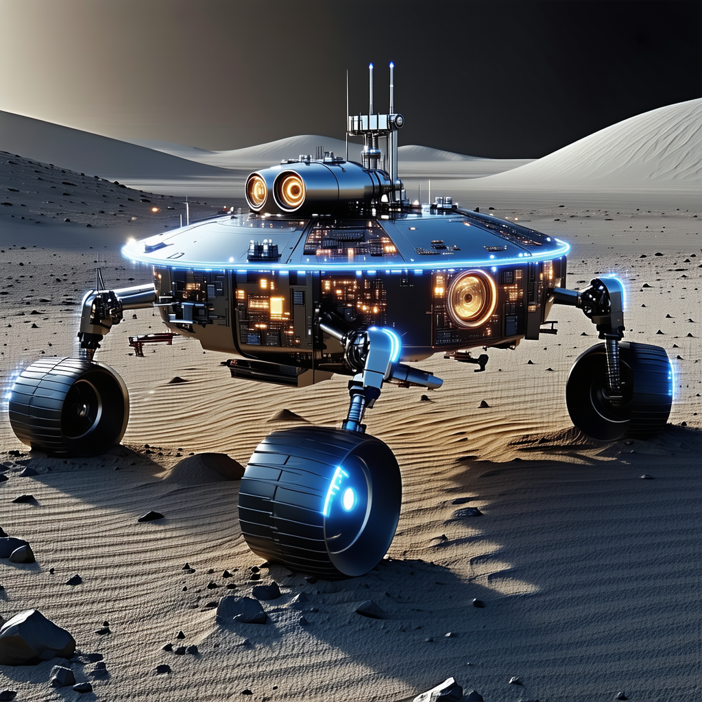 A Futuristic Vehicle Is Parked On A Rocky Surface, With A Dirt Field Surrounding It