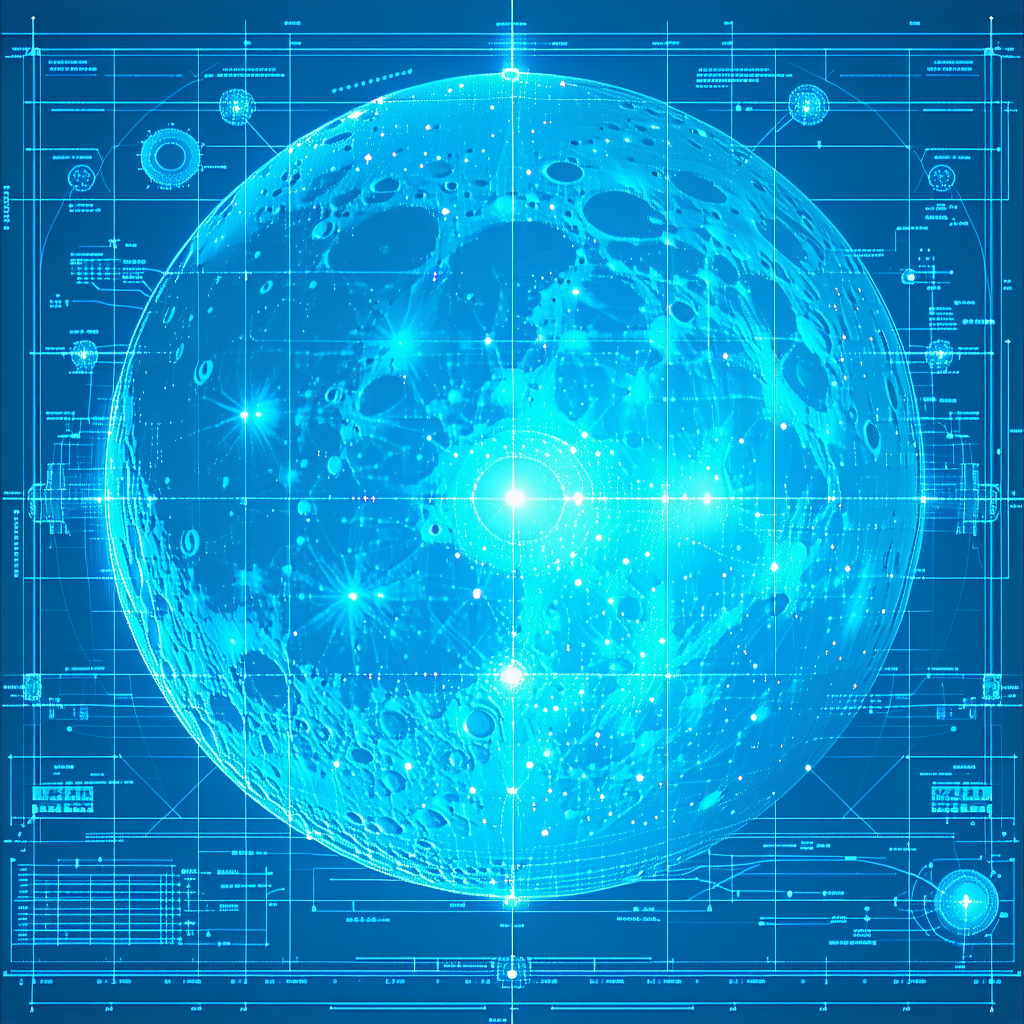 The Image Is A Blue And White Illustration Of A Moon, With A Detailed View Of The Moon's Surface
