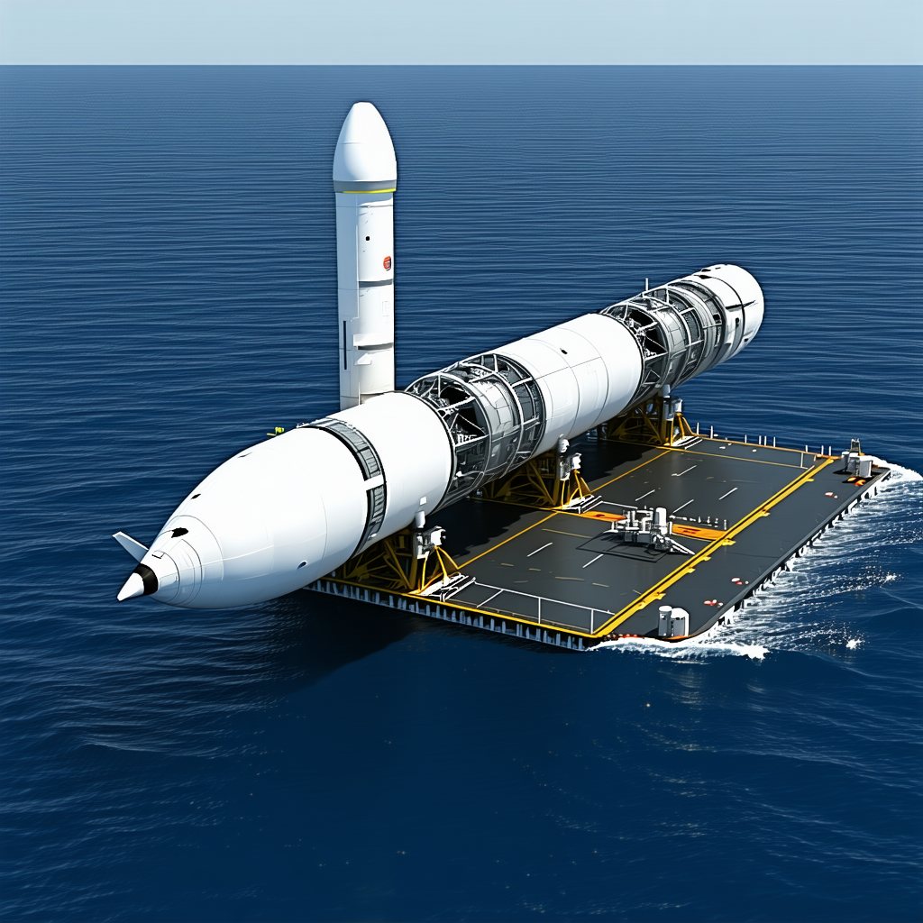 A Large White Space Shuttle Is Floating On Top Of A Platform In The Ocean