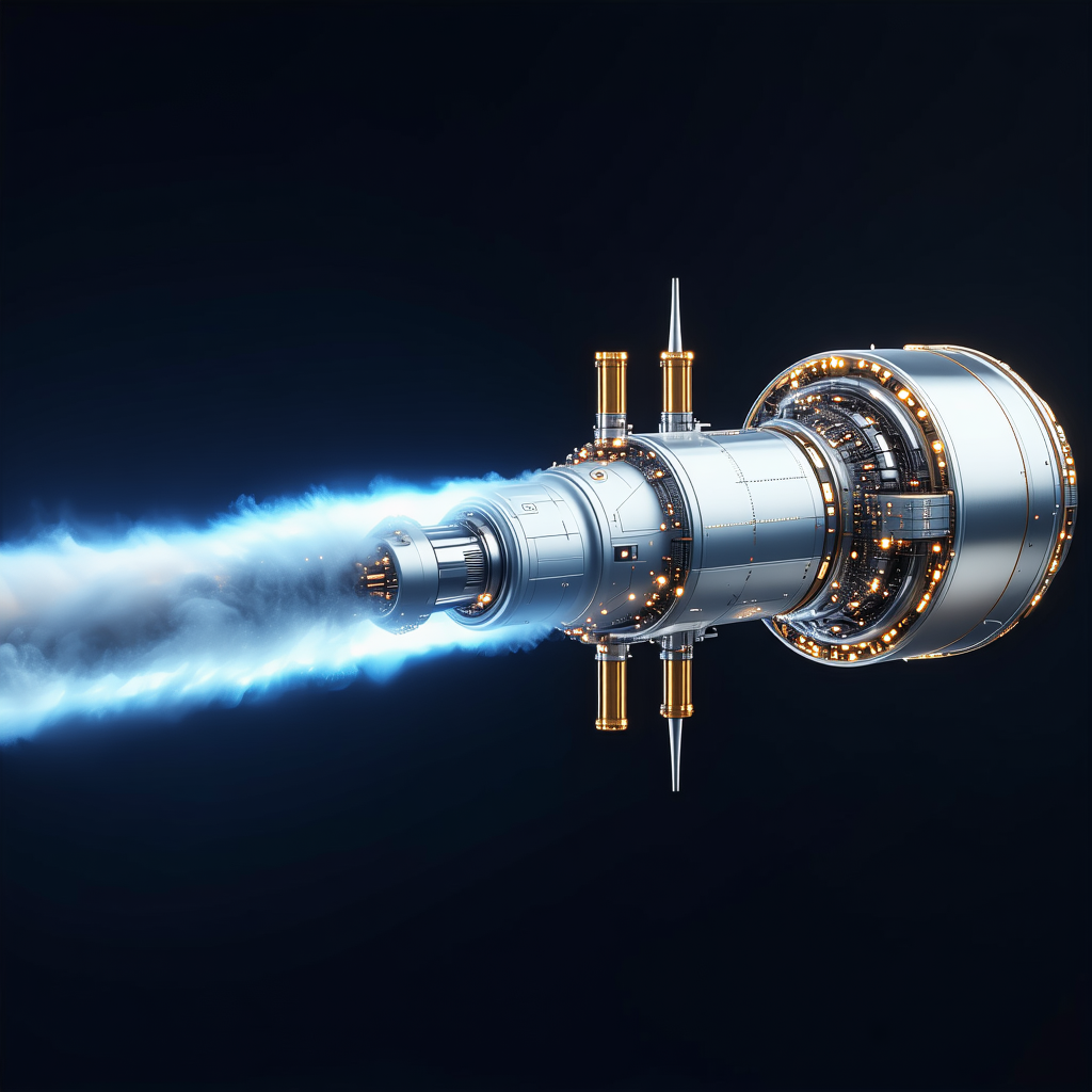 A Large, Futuristic Spacecraft Is Shown In A Dark