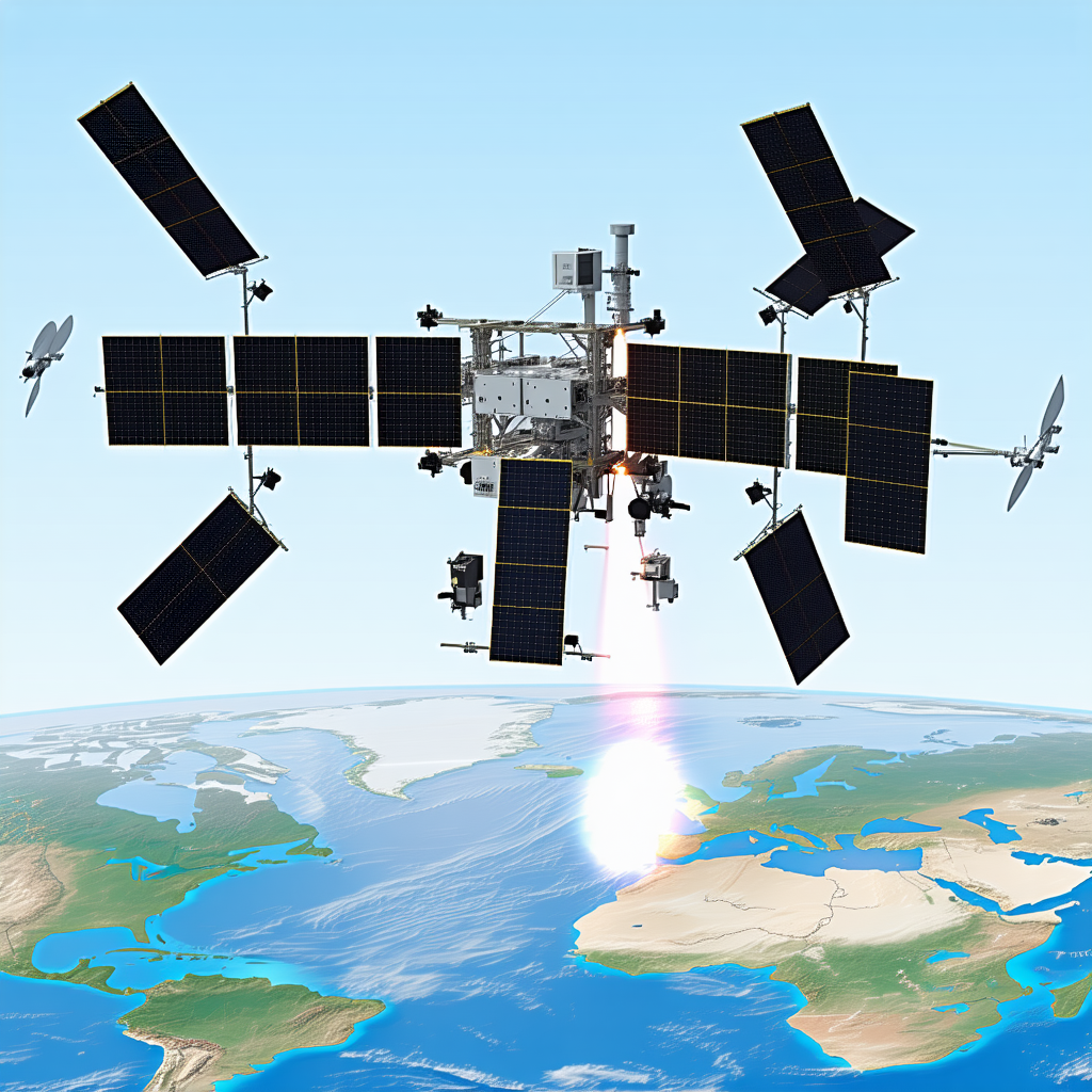 A Spacecraft With A Large Satellite Dish On Its Side, Flying Over A Blue And White Earth