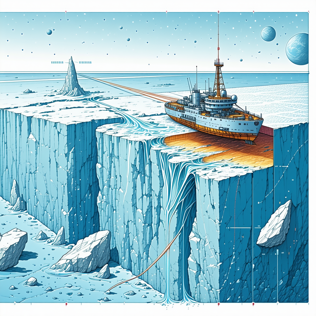 The Image Is A Colorful And Detailed Illustration Of A Large Ship Sailing Through A Frozen Landscape