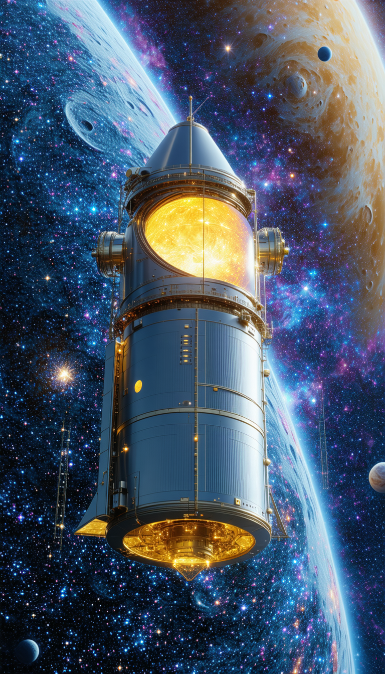 A Large Spacecraft, Possibly A Rocket Or A Space Shuttle, With A Bright Yellow Light On The Front