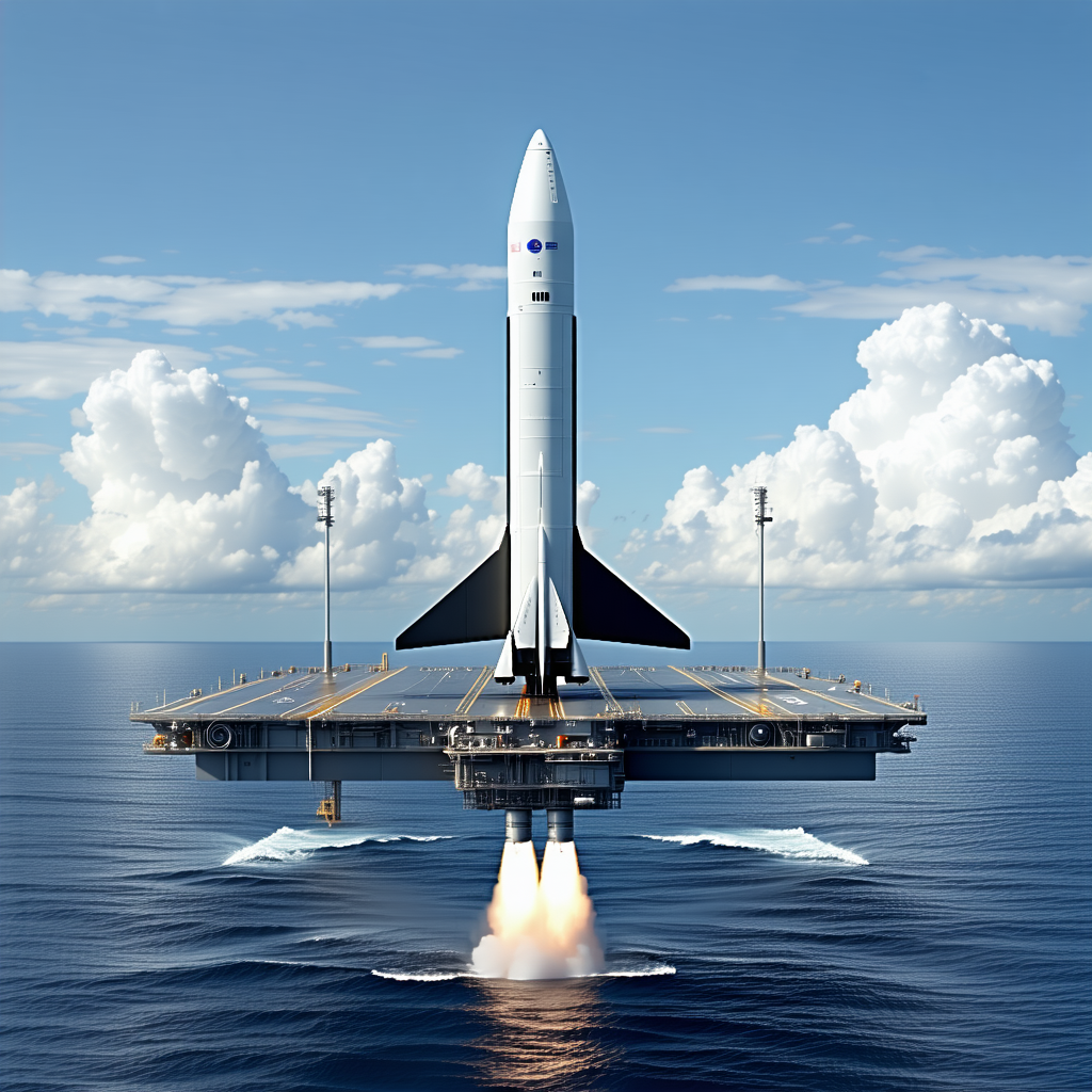 A Space Shuttle On A Large Boat, Floating On The Water