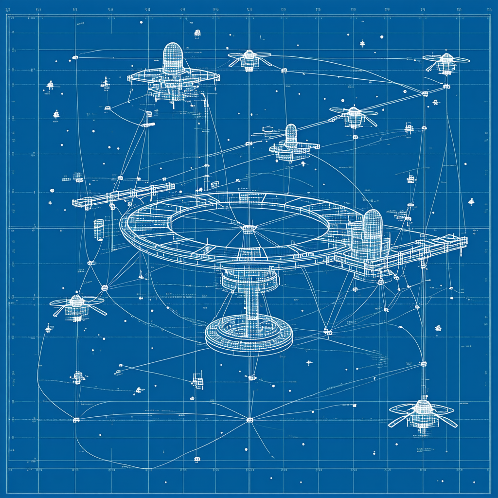 In The Image, There Is A Blue Drawing Of A Space Station With Several Spaceships Surrounding It