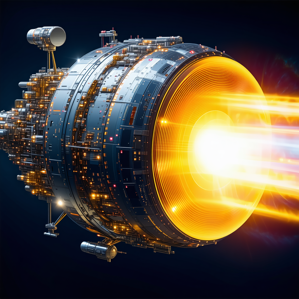 A Futuristic Spacecraft Is Shown In A Close-up View, With Its Engine Glowing Brightly
