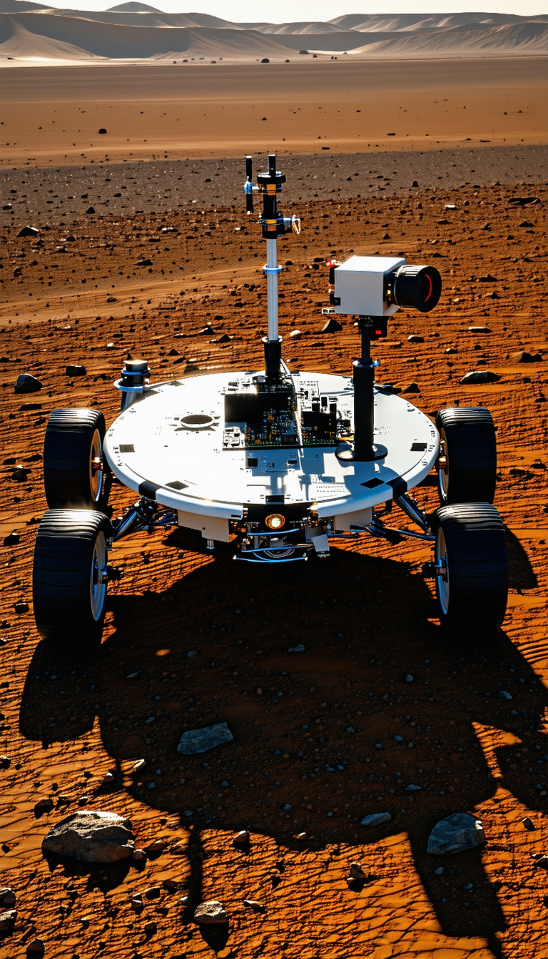A Large, White, And Silver Robotic Vehicle With A Camera On Top, Driving On A Red Dirt Surface