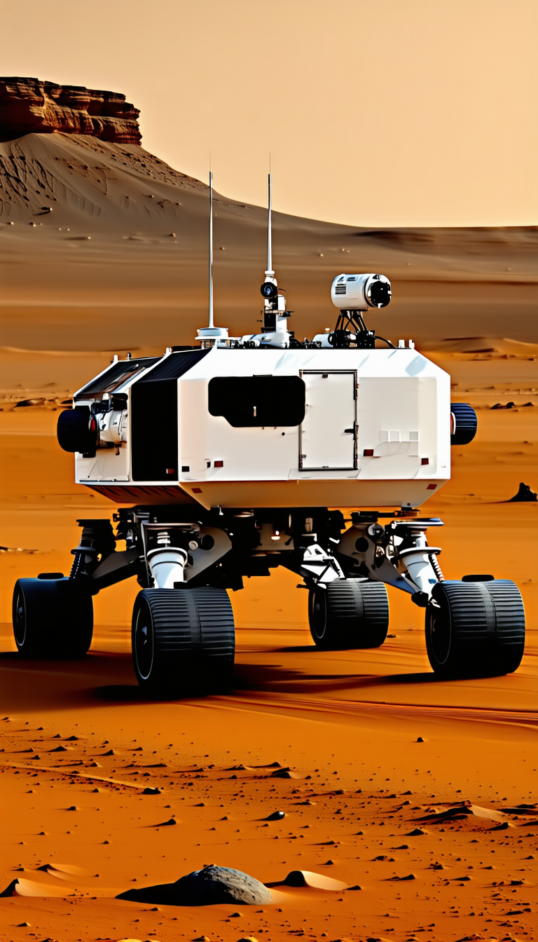 A White Vehicle With A Large Tire Is Driving On A Dirt Road