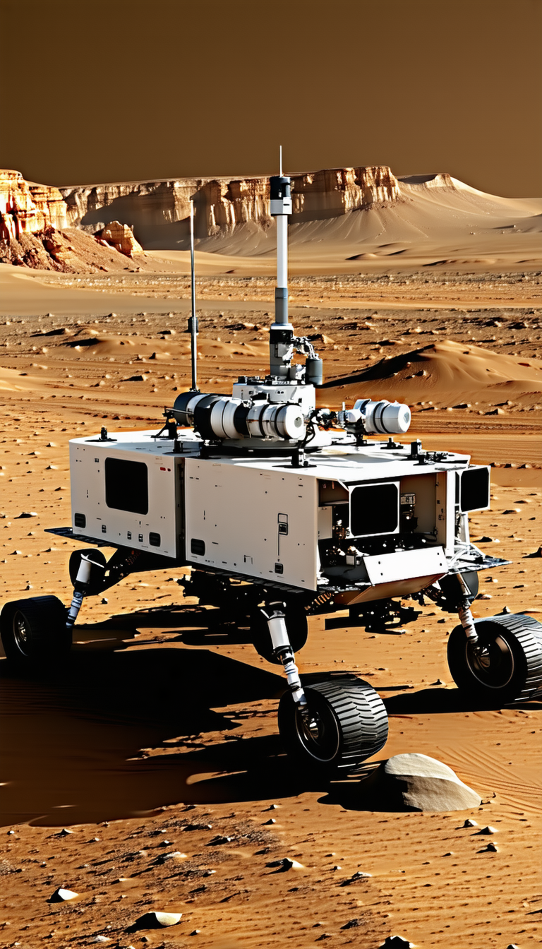 A White Robotic Vehicle With A Large Antenna On Top, Driving Across A Desert-like Terrain