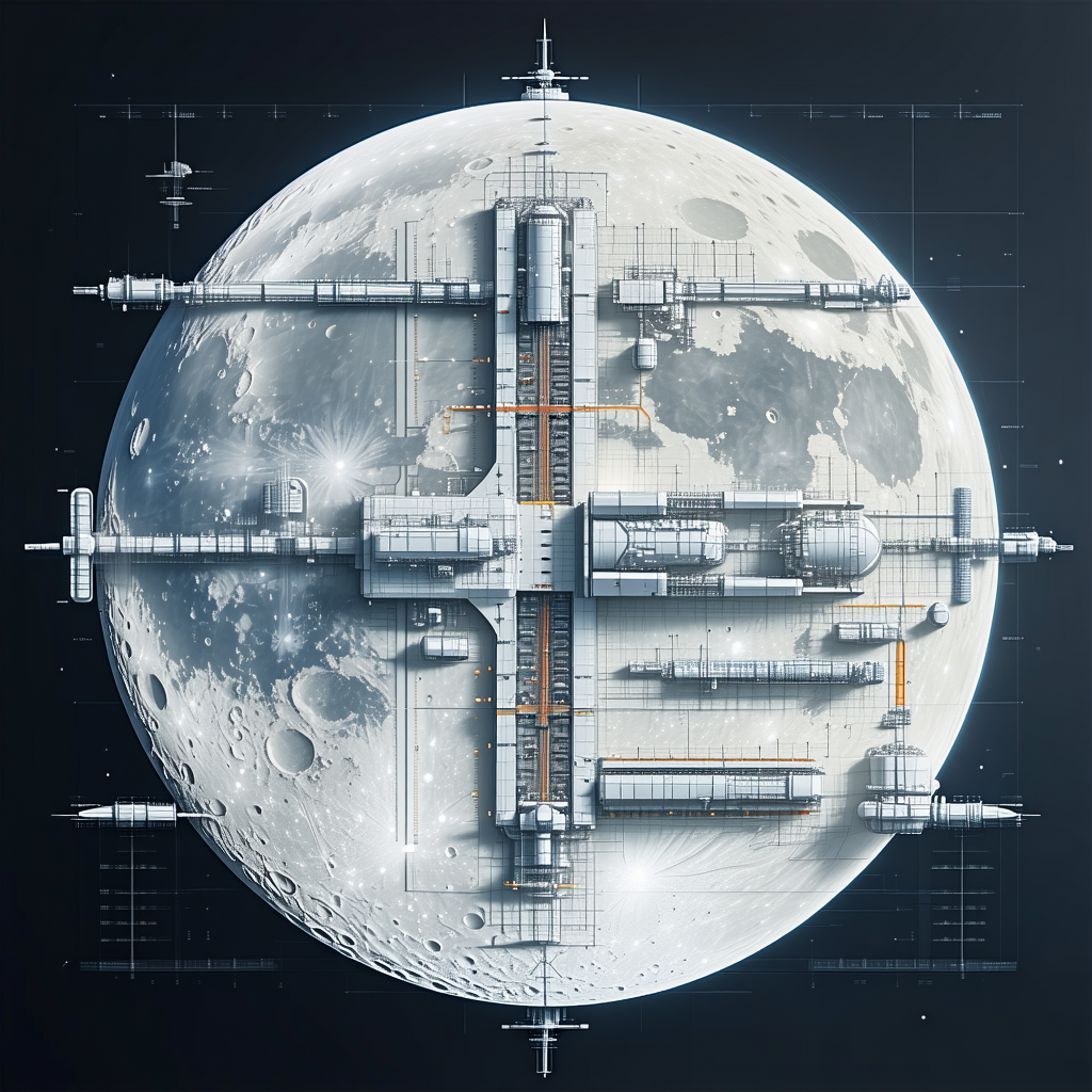 A Futuristic Space Station Is Shown In A Drawing, With A Large Moon In The Background