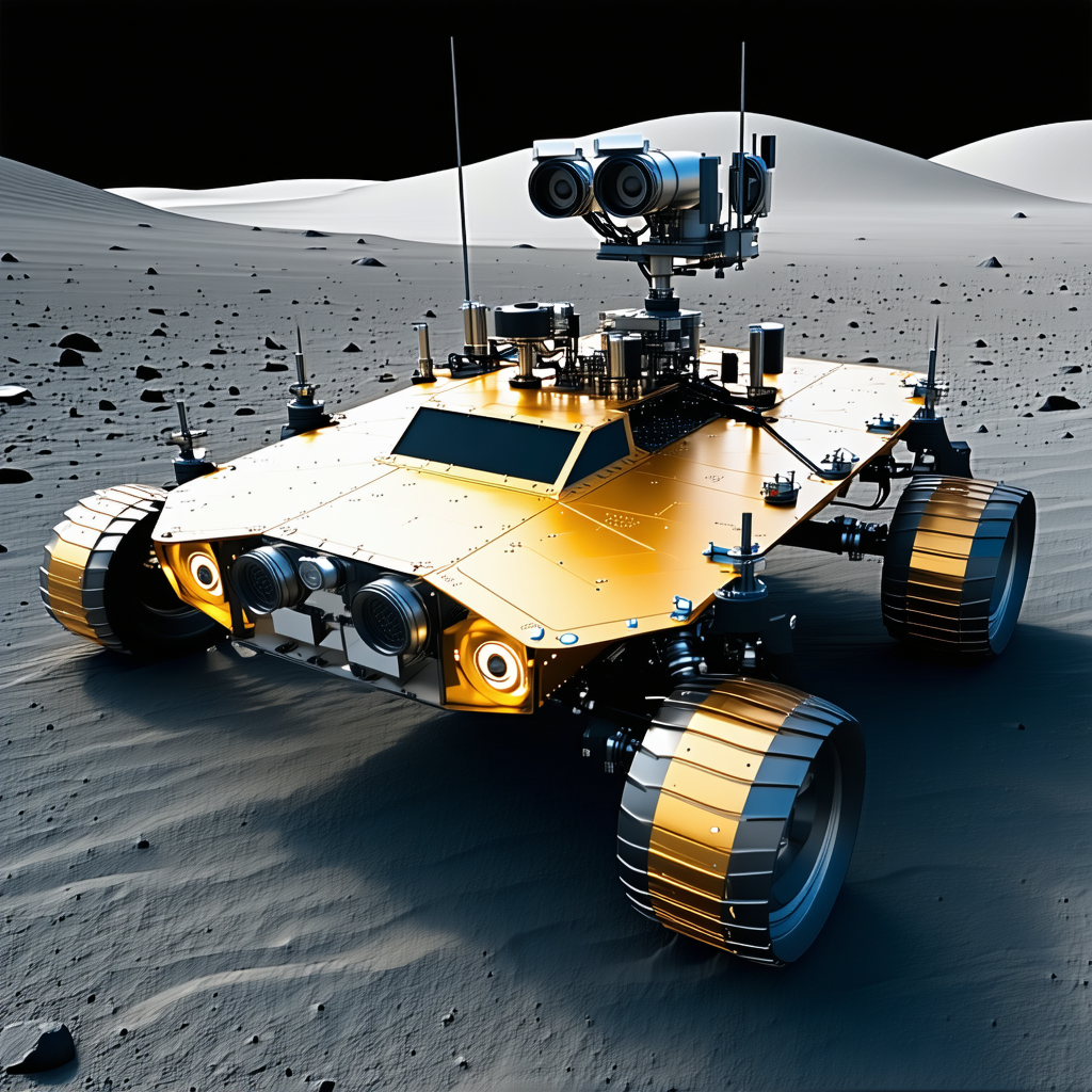 A Yellow Robotic Vehicle Is Parked On A Rocky Surface, Possibly On The Moon