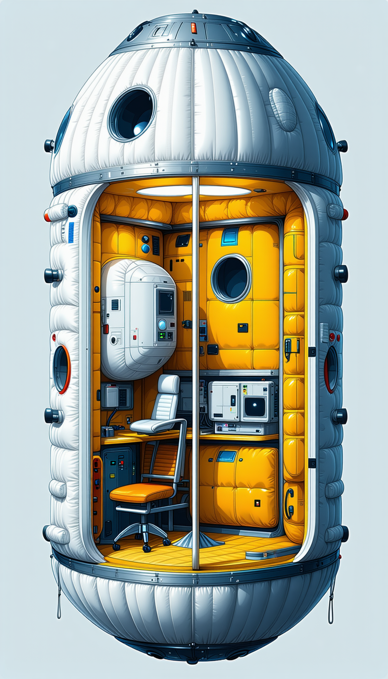In The Image, There Is A Large, Yellow Spacecraft With A White Interior