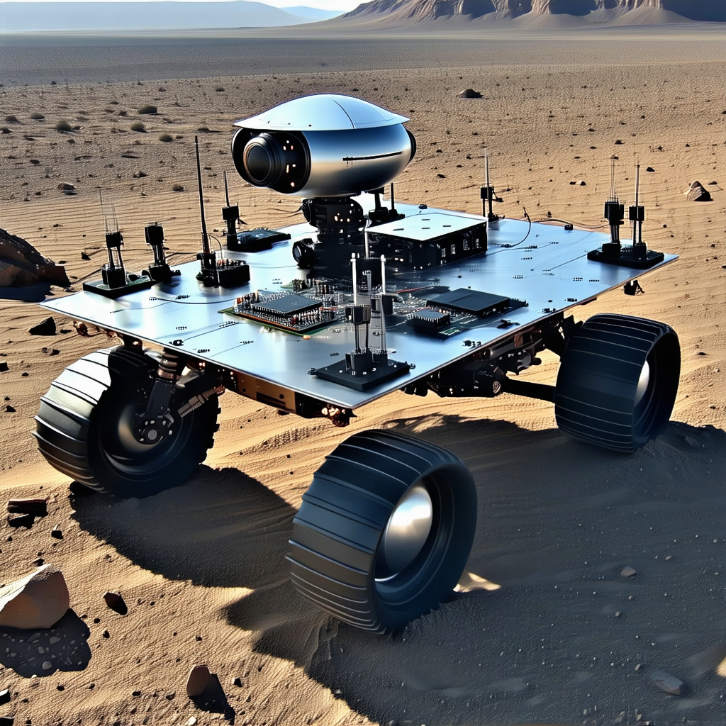 A Large Robotic Vehicle With Four Wheels, Sitting On A Sandy Surface