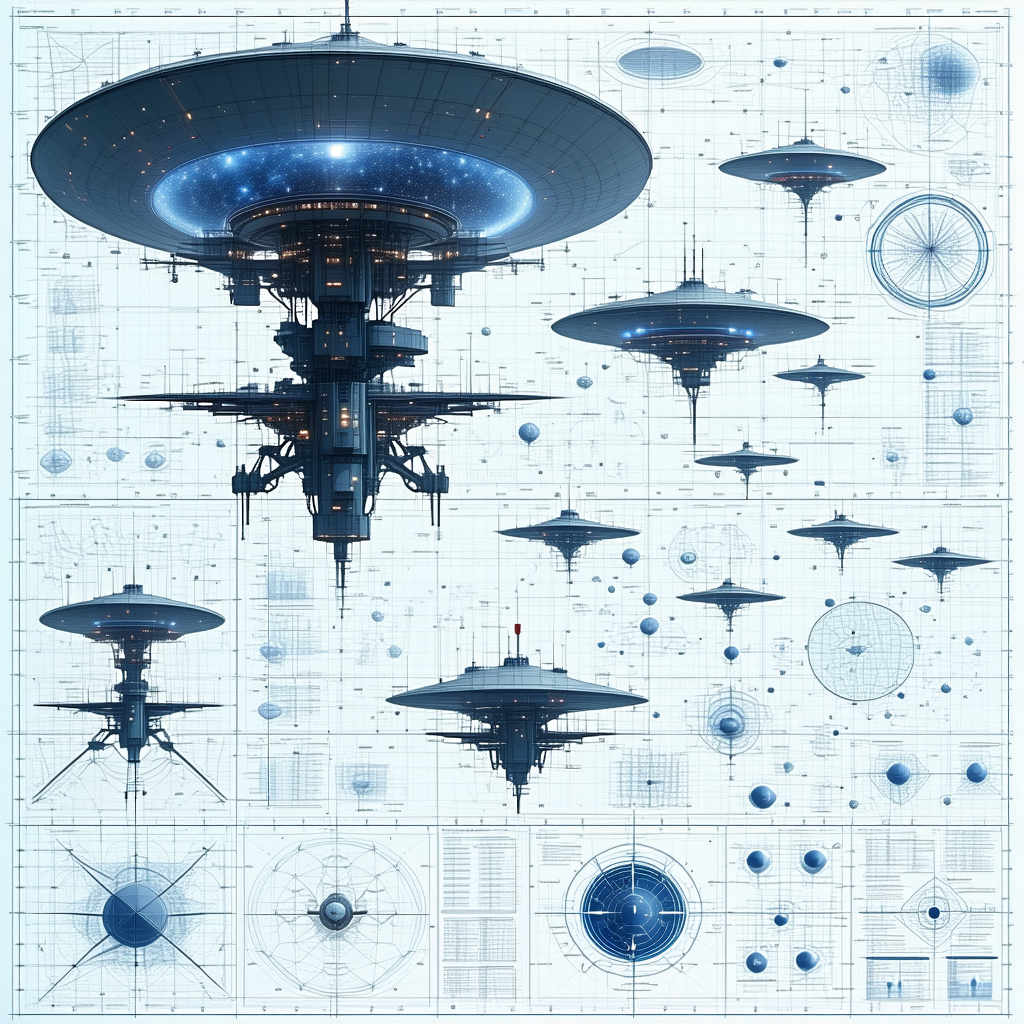 A Blue And White Drawing Of A Space Station Is Displayed