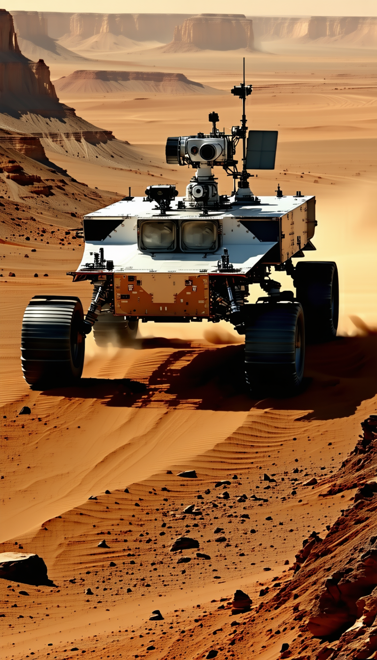 A Robotic Vehicle Is Driving Across A Sandy Terrain