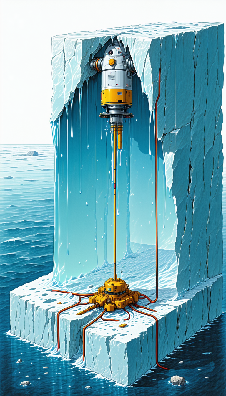 The Image Is A Cartoon Drawing Of A Yellow Drilling Machine On A Frozen Iceberg
