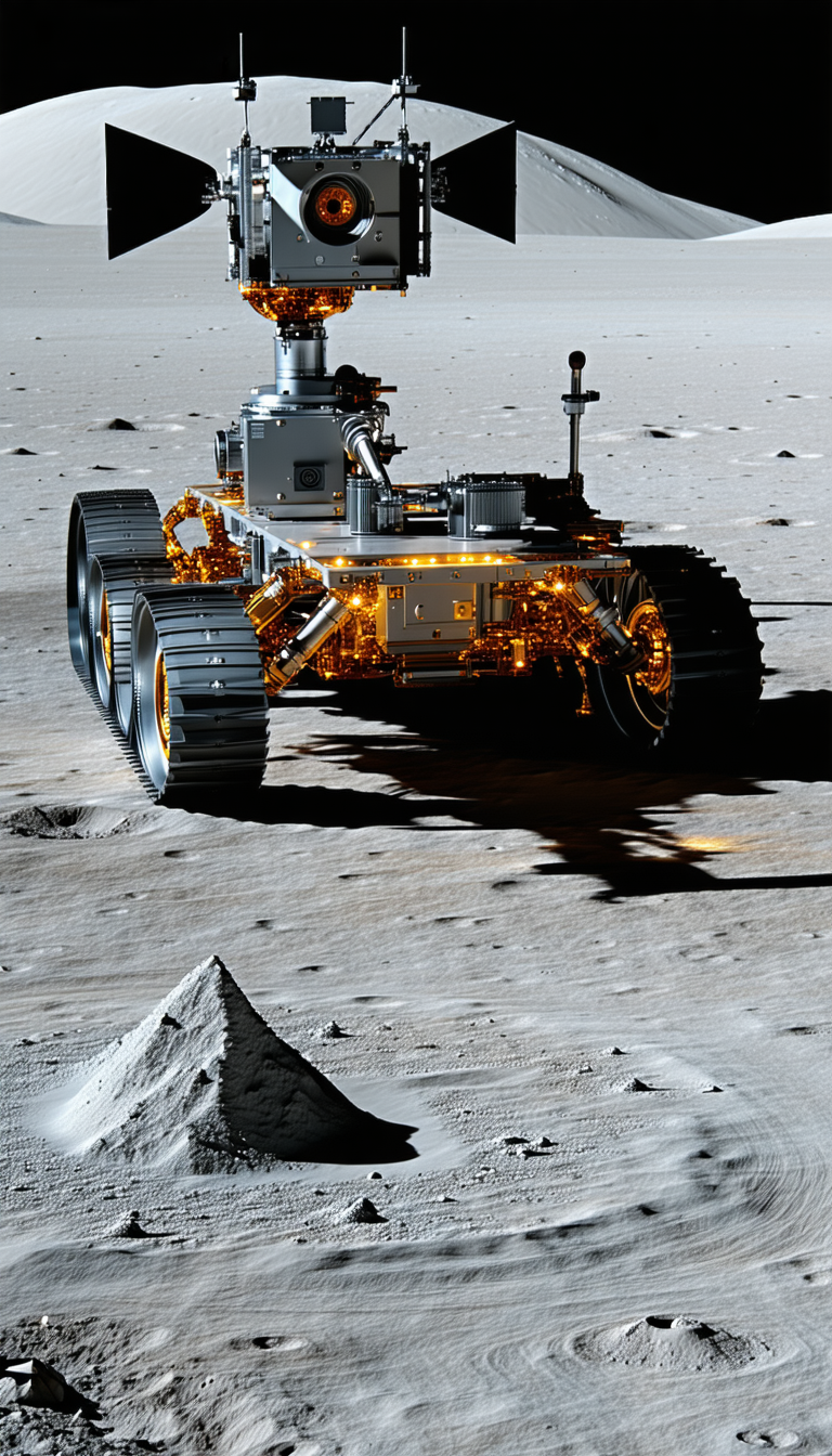 A Robotic Vehicle Is Driving On A Rocky Surface, Possibly On The Moon