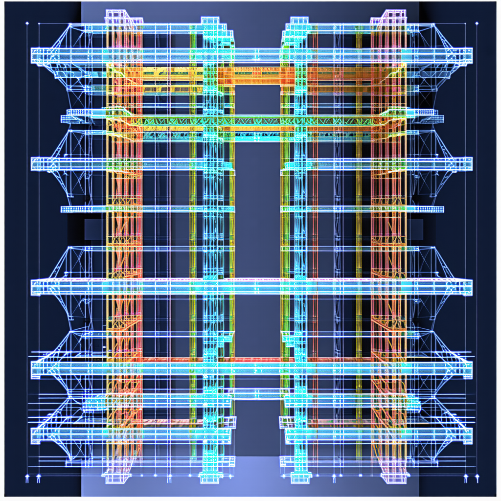 The Image Is A Blue And Yellow Drawing Of A Building, Possibly A Skyscraper
