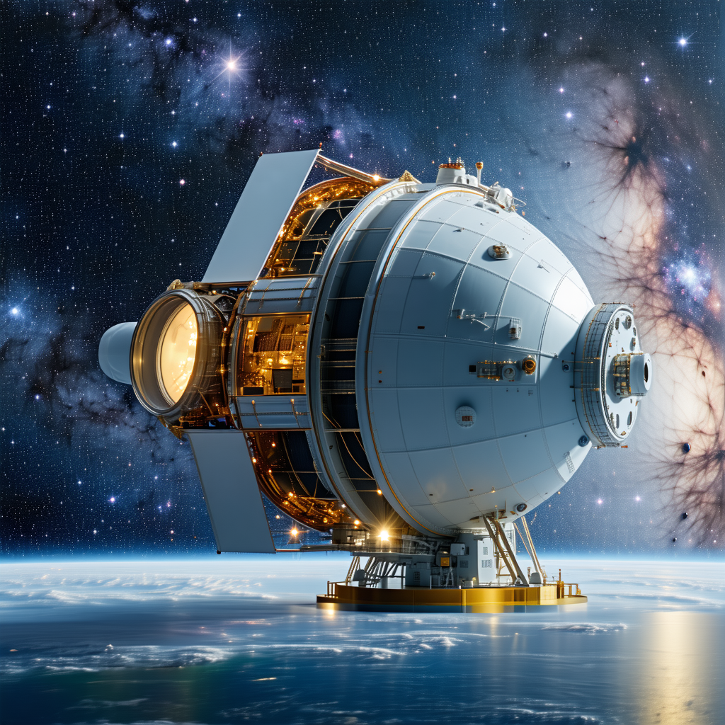 A Large, White Spacecraft Floating In The Sky