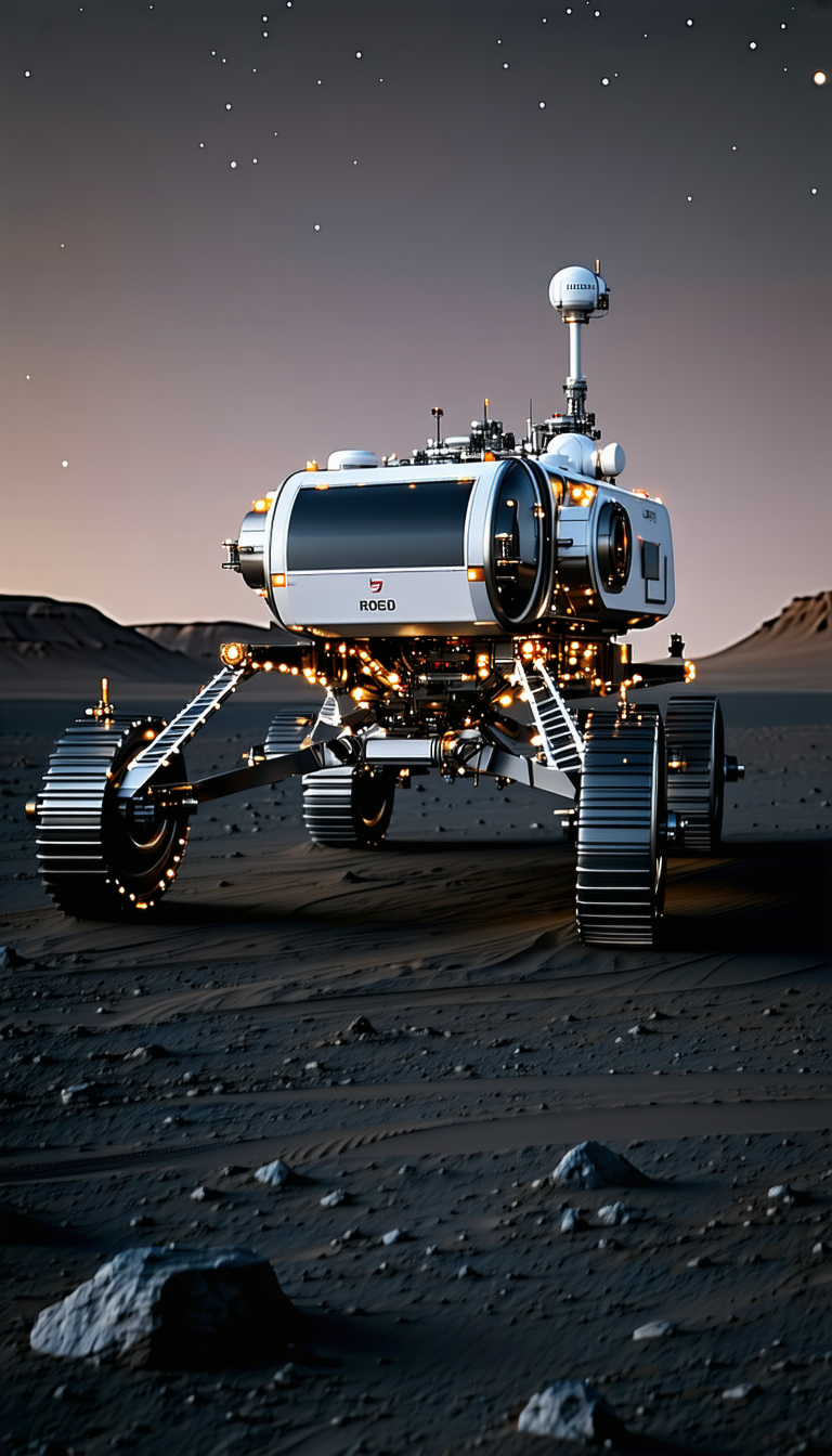A Large Robotic Vehicle Is Sitting On A Dirt Surface, Possibly A Desert