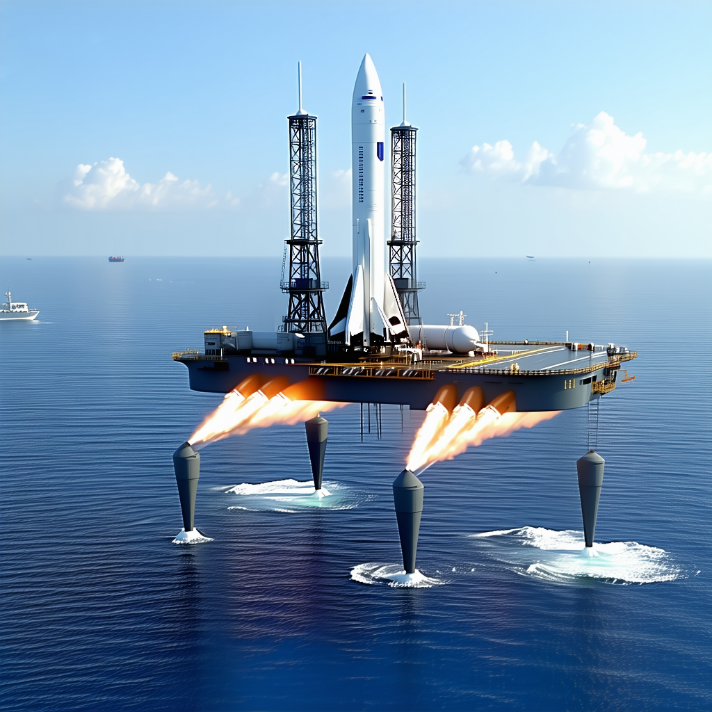 A Large Space Shuttle On A Floating Platform In The Ocean