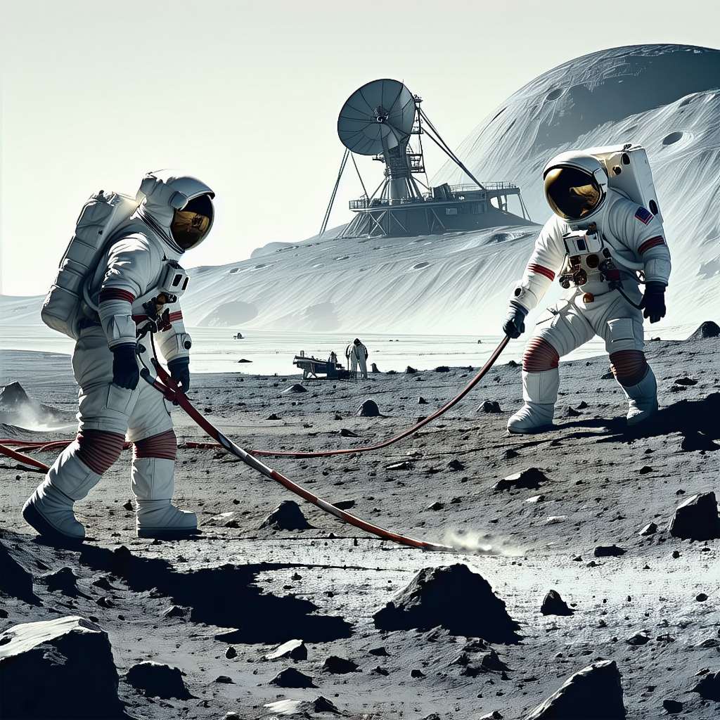 In The Image, There Are Two Astronauts Standing On The Moon, Wearing White Suits