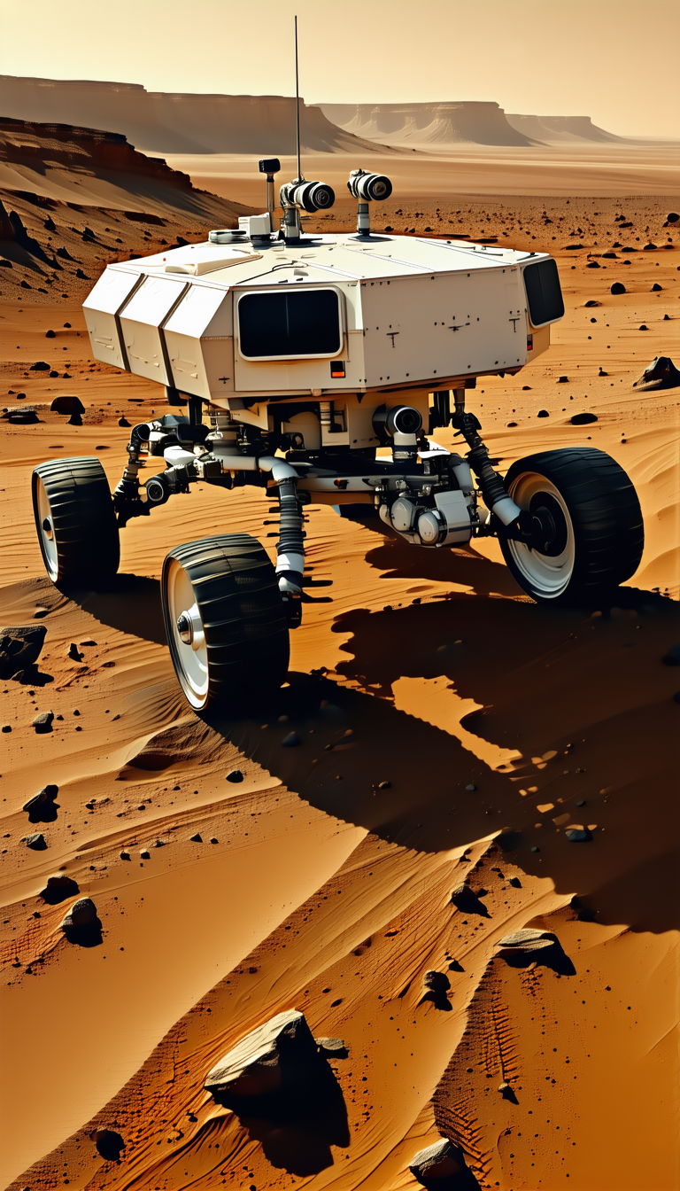 A White Vehicle, Possibly A Rover, Driving Across A Sandy Terrain