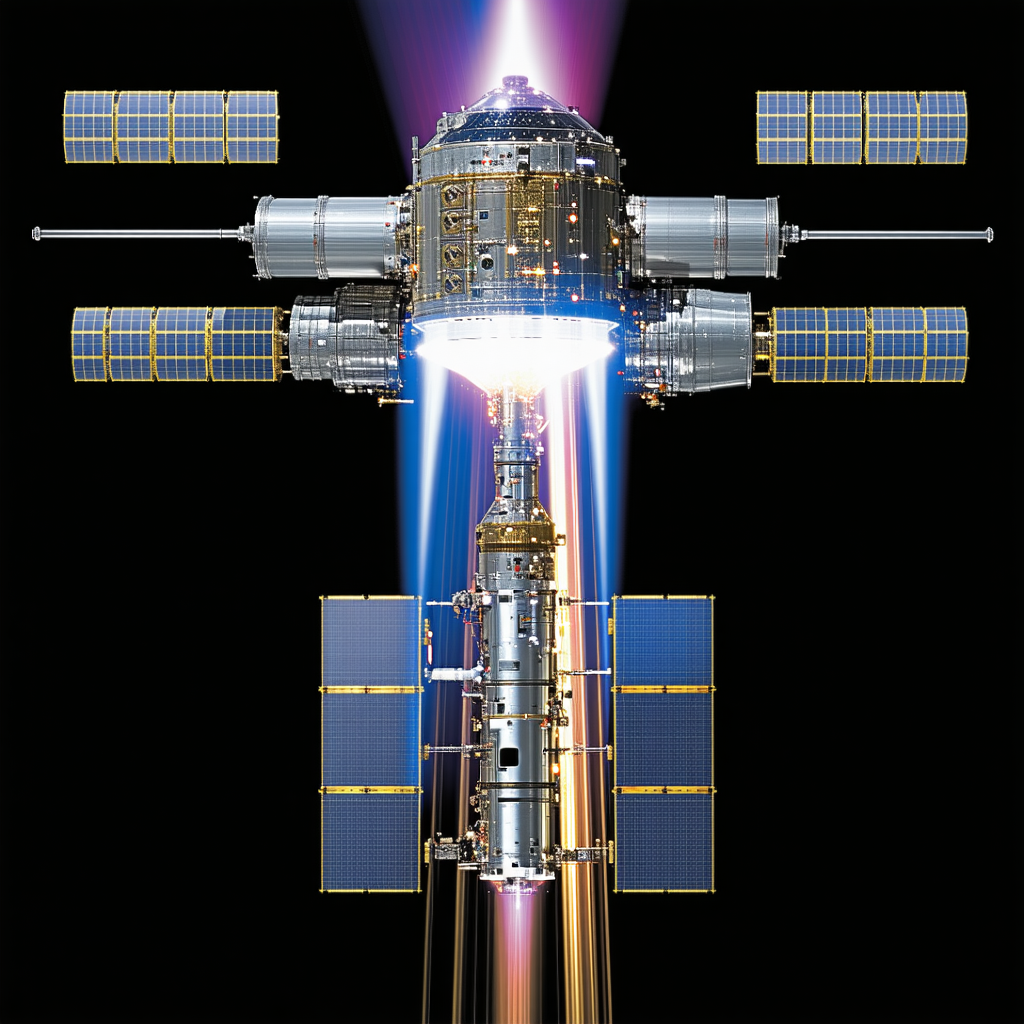 A Space Station Is Shown In A Close-up View, With A Bright Light Shining On It