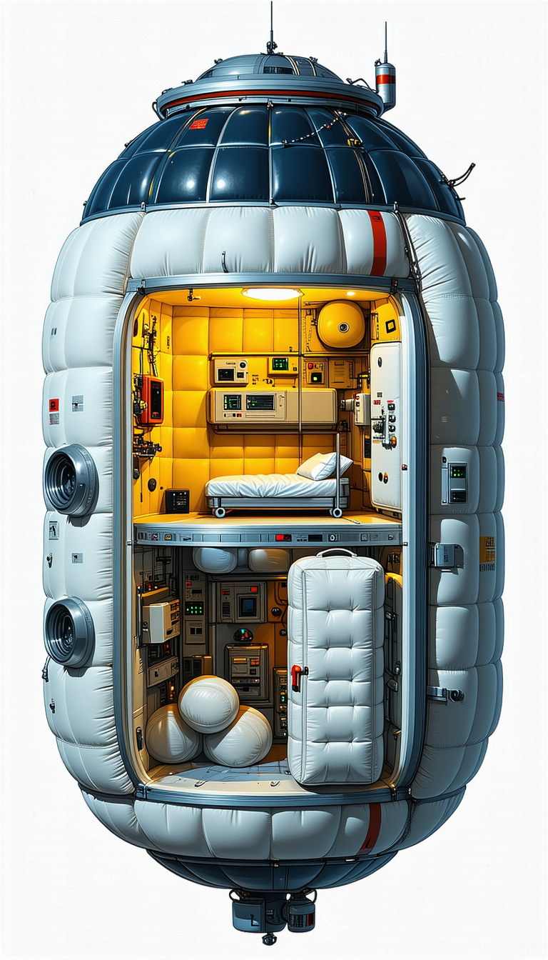 A Large White Spacecraft With A Bedroom Inside