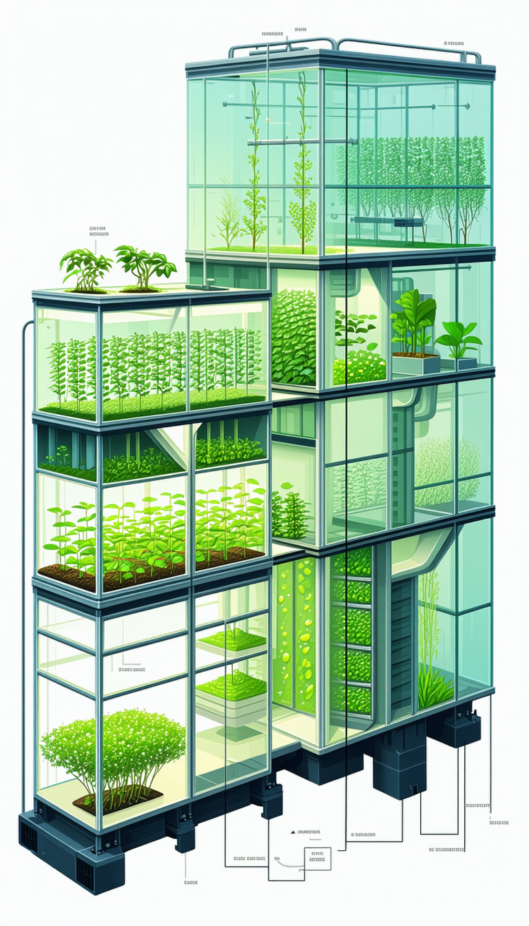 The Image Is A Drawing Of A Building With Many Levels, Each Containing A Variety Of Plants