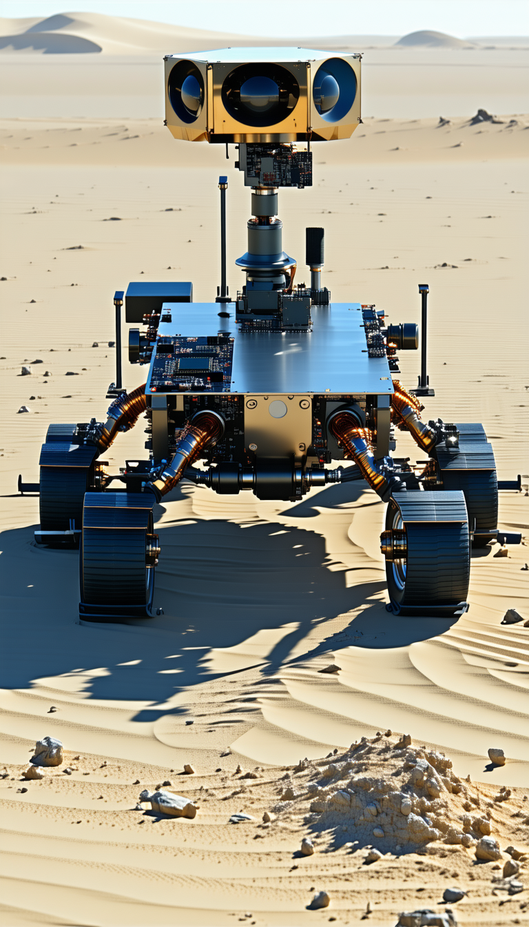 A Large Robotic Vehicle With A Metallic Appearance, Standing On A Sandy Surface