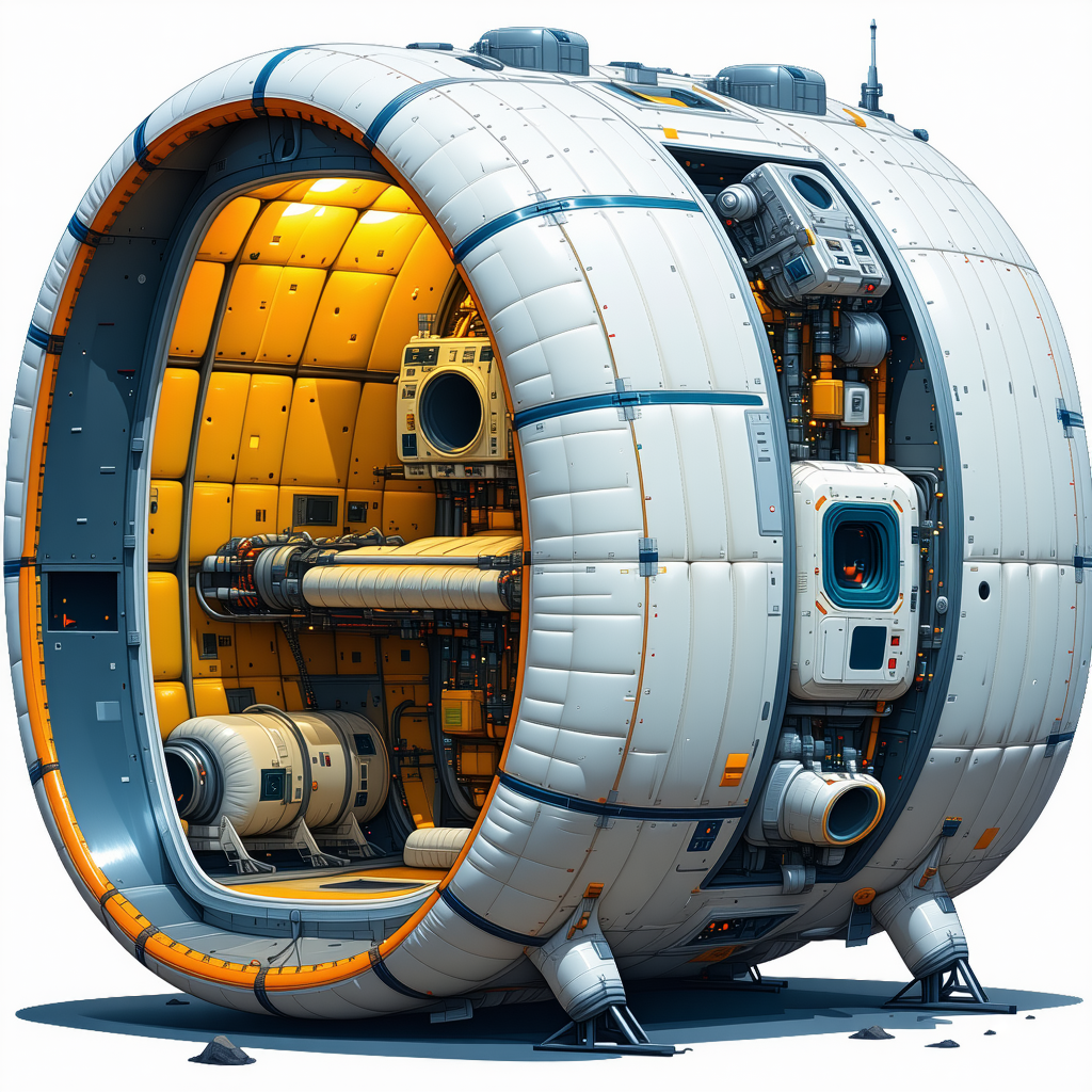 In The Image, There Is A Large, White, And Blue Spacecraft With A Yellow Center