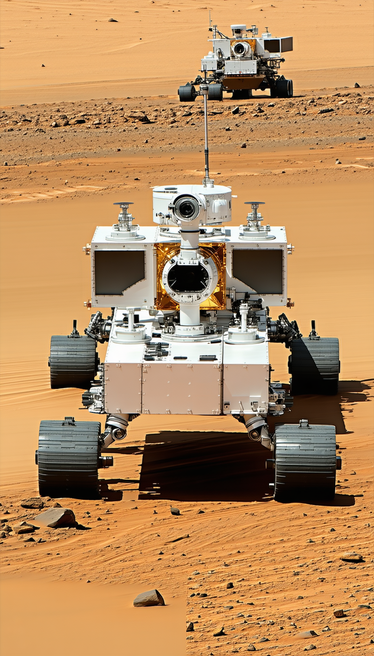 A White Robotic Vehicle, Possibly A Rover, Driving Across A Sandy Terrain