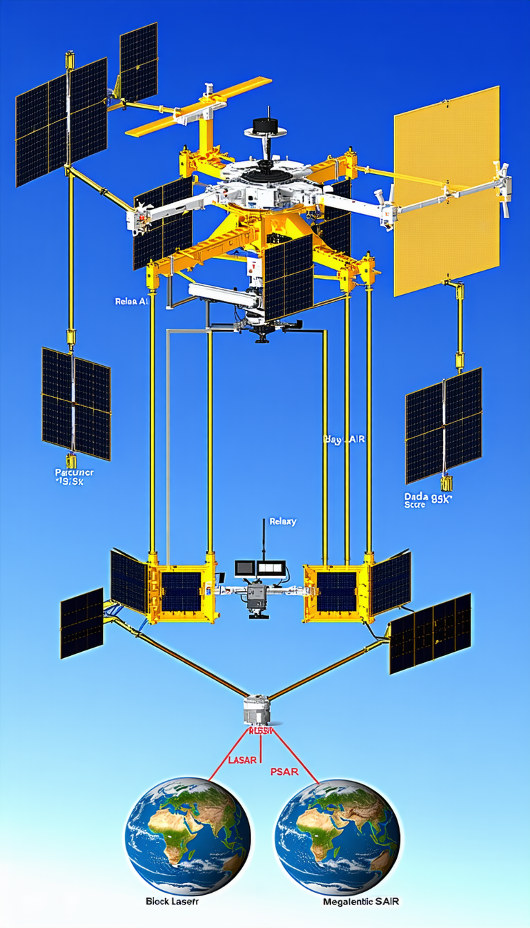 A Large Satellite With A Yellow Frame And A Blue Background
