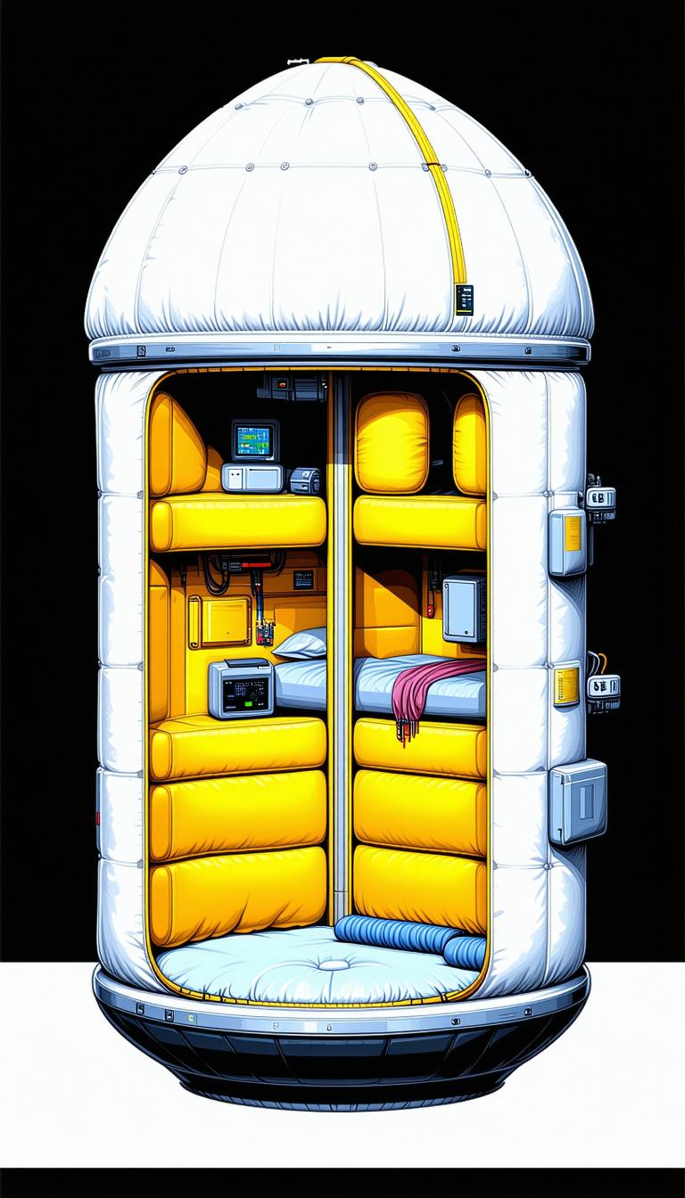 A Cartoon Illustration Of A Space Shuttle Is Shown, With A Bedroom Scene Inside