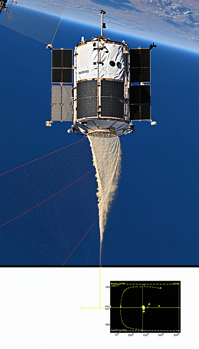 A Large Satellite In The Sky, With A Long Red Cord Trailing Behind It