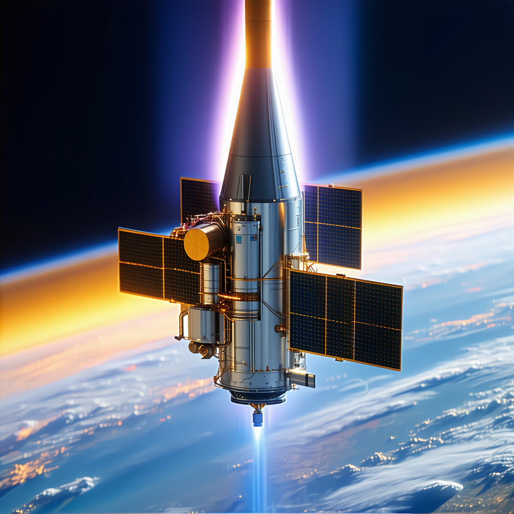 A Space Shuttle Is Flying Through The Sky, With A Large Satellite Attached To The Bottom Of It