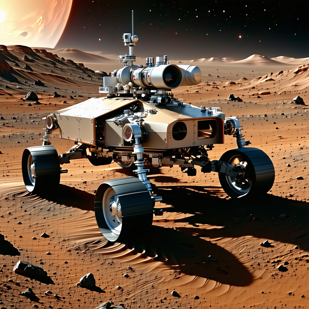 A Futuristic Robotic Vehicle, Possibly A Rover, Parked On A Rocky Surface
