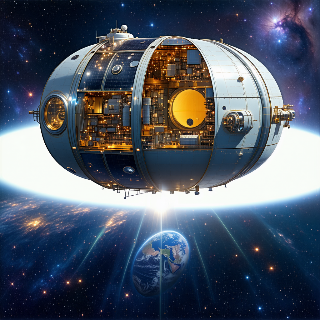 A Large, Round Spacecraft Floating In The Middle Of A Brightly Lit