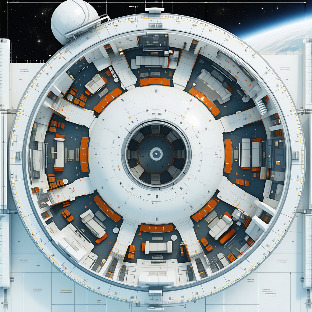A Space Station Is Shown In A Blue And White Color Scheme