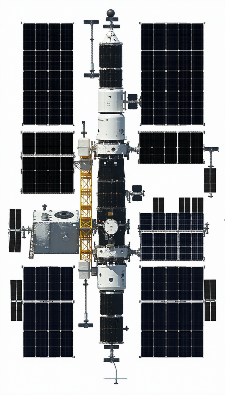 A Space Station Is Shown In A White And Black Image