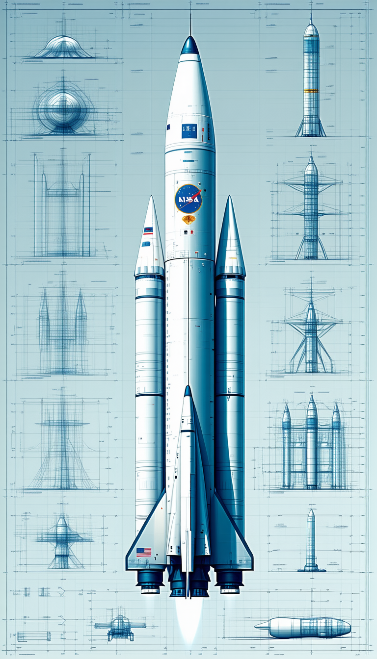 A Large Rocket Ship Is Shown In A Blue And White Drawing