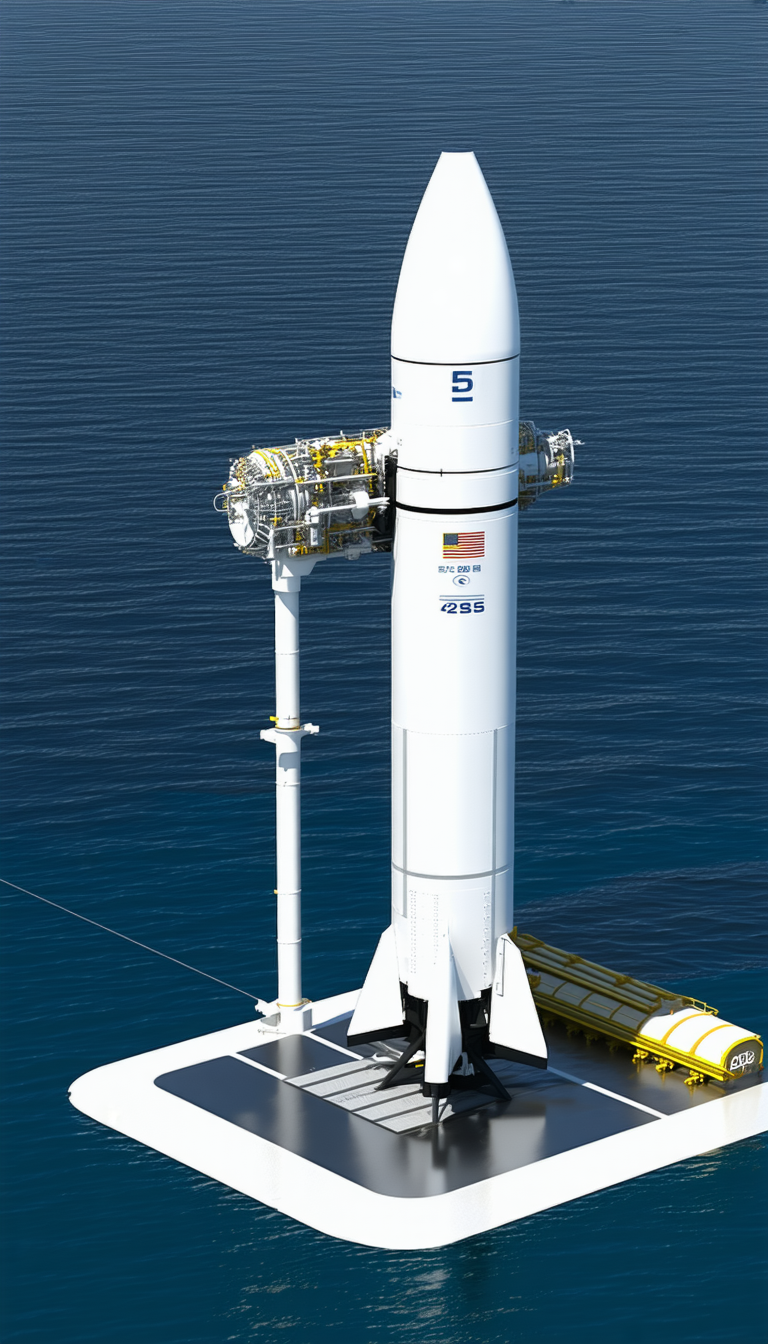 A Large White Rocket Ship Floating On The Water