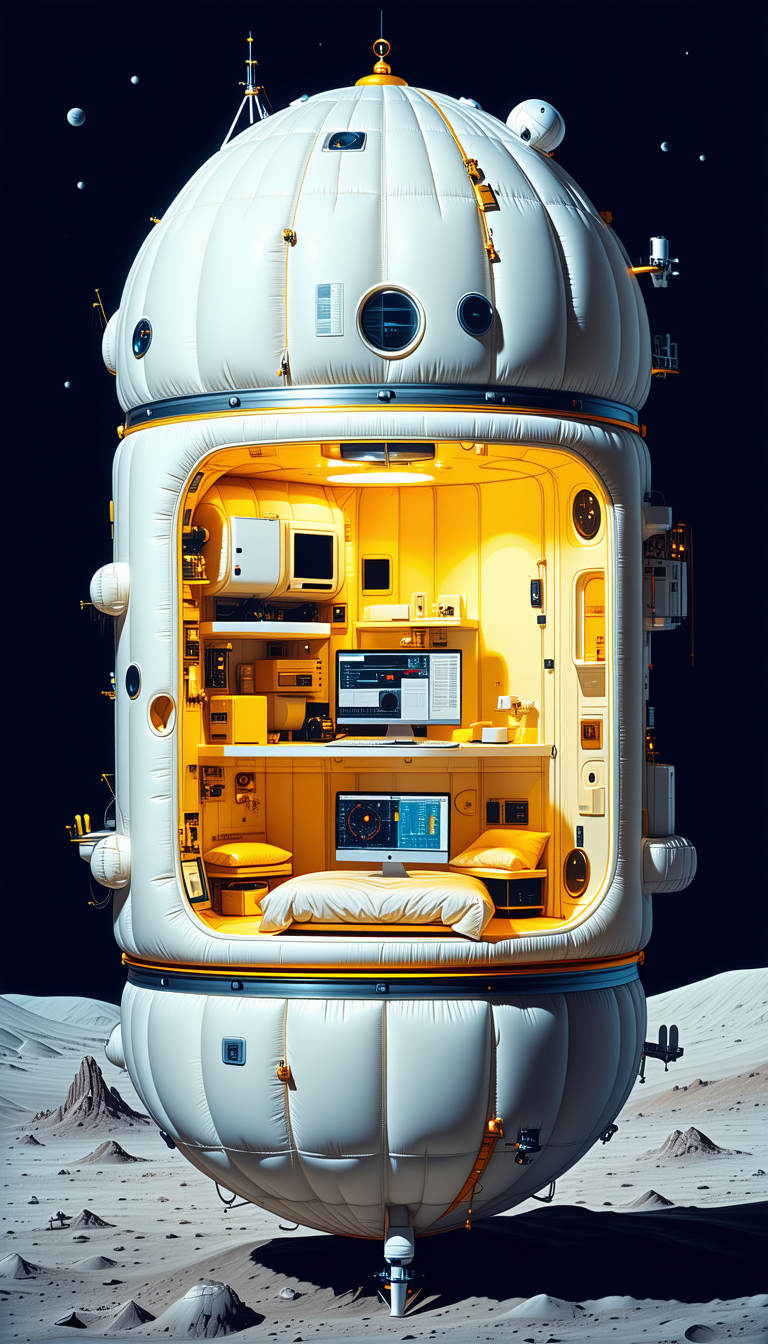 A Large, White, Inflatable Space Station With A Variety Of Electronic Equipment And Furniture