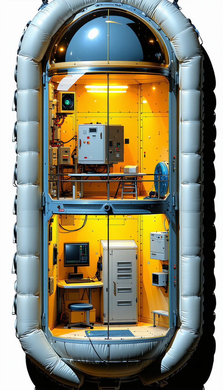 In The Image, There Is A Large, Yellow Room Filled With Various Electronic Equipment