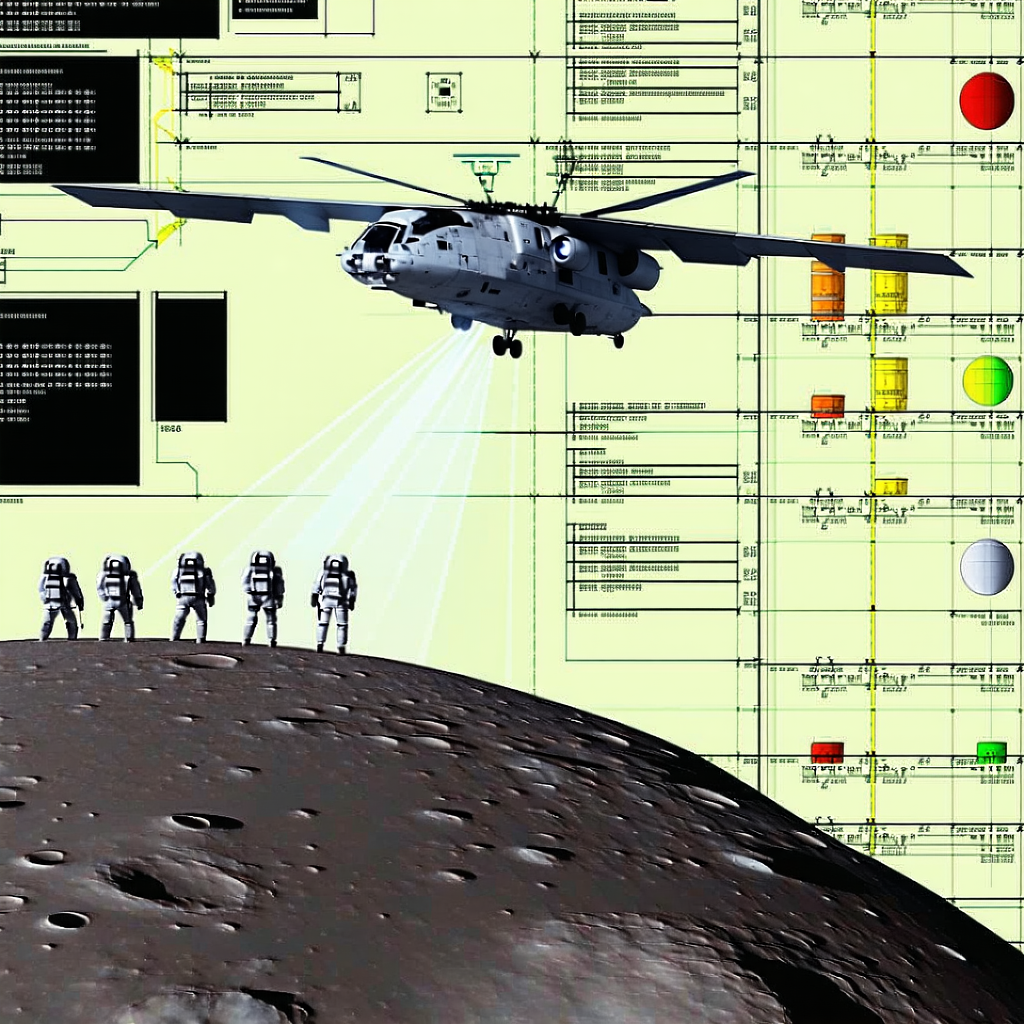 A Group Of Soldiers Is Standing On A Moon-like Surface, With A Helicopter Hovering Above Them