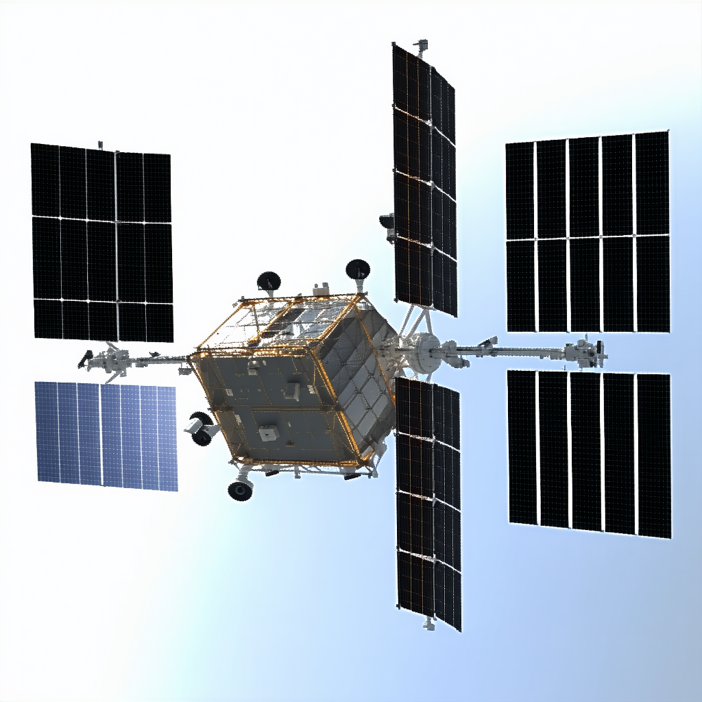 A Spacecraft Is Shown In A Blue Sky, With A Large Satellite Dish On The Bottom Of The Spacecraft
