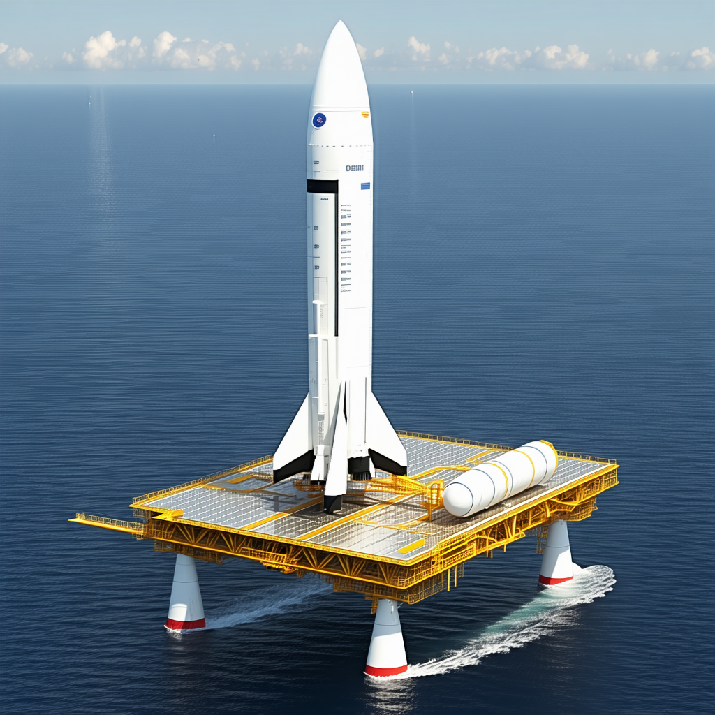 A Large White Rocket Ship Floating On Top Of A Yellow Platform In The Ocean