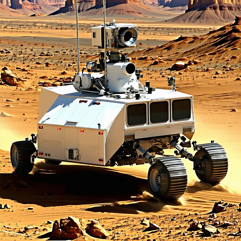 A White Robotic Vehicle, Possibly A Rover, Driving Across A Sandy Terrain