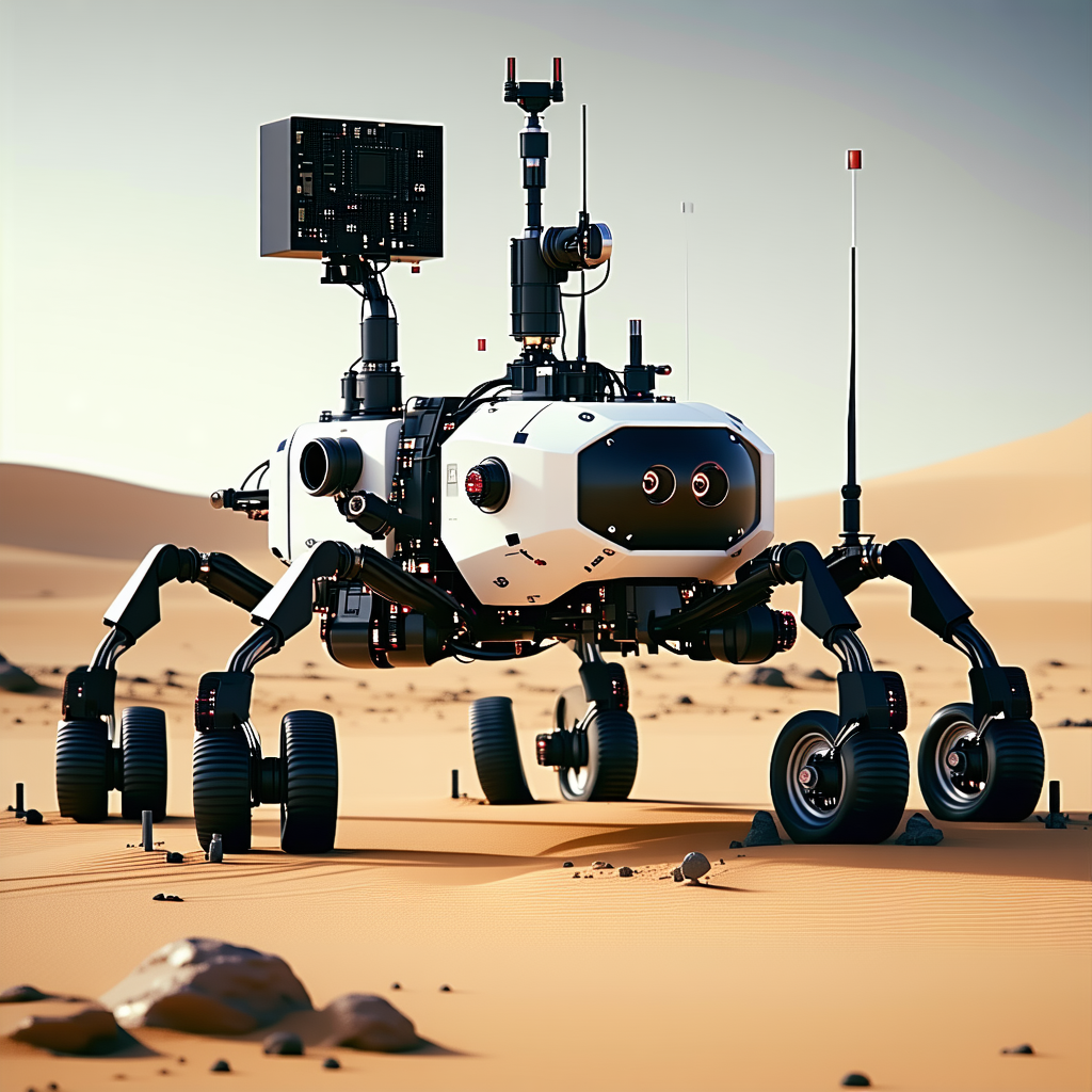 A White Robot Is Standing On A Rocky Surface, With A Desert-like Environment Surrounding It
